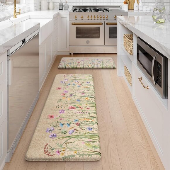 New Floral Anti-Fatigue Kitchen Mat Set, Non-Slip Cushioned Farmhouse Rugs - Picture 1 of 9